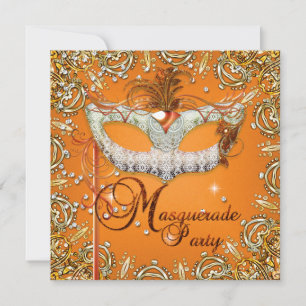 Invitation Masque Mascarade Orange Anniversaire Fête Or