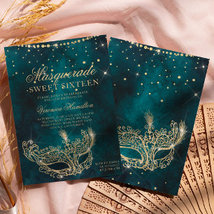 Invitation Masque masqué turquoise or parties scintillant Swe