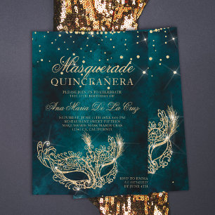 Invitation Masque masqué turquoise parties scintillant or qui