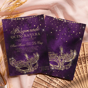 Invitation Masque masqué violet or parties scintillant quince