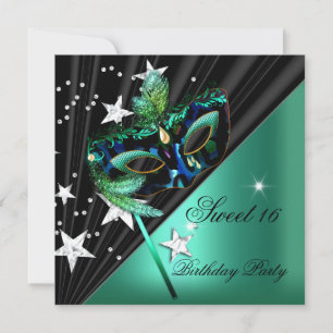 Invitation Masque Noir Vert Jade Sweet Sixteen 16