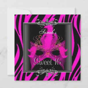 Invitation Masque noir zèbre rose pour 16 ans Sweet Sixteen