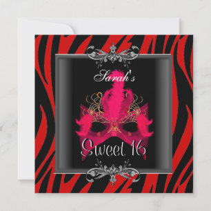 Invitation Masque noir zèbre rouge pour 16 ans Sweet Sixteen