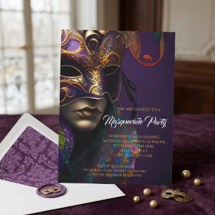 Invitation Masque Orné de Pourpre et d'Or Élégant pour Soirée