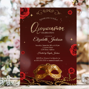 Invitation Masque Perles Roses Bourgogne Quinceanera