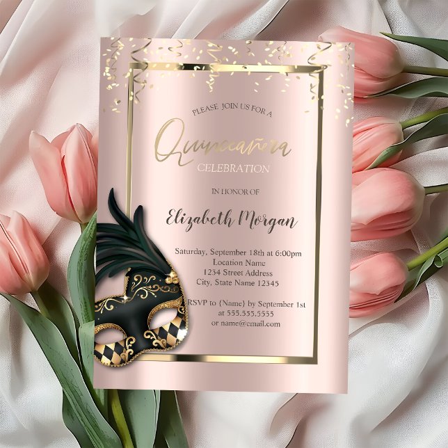 Invitation Masque Rose Gold Masquerade Quinceañera (Créateur téléchargé)