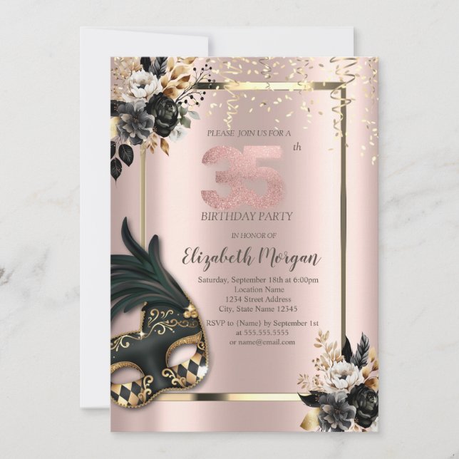 Invitation Masque Rose noir Confetti Rose Gold 35e (Devant)