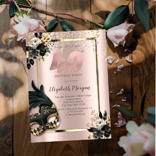 Invitation Masque Roses Noires Confettis Rose Gold 40ème