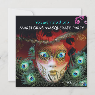 INVITATION MASQUE ROUGE PLUMES DE PAON FÊTE COSTUMÉE EN OR