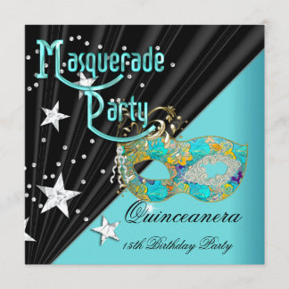 Invitation Masque sarcelle or pour fête des 15 ans Quinceaner