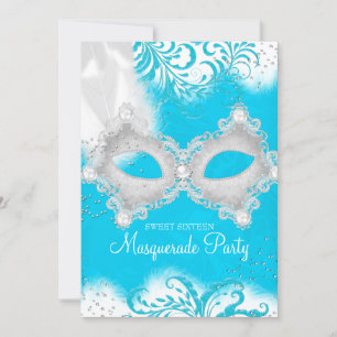 Invitation Masque scintillant bleu blanc Mascarade Sweet 16