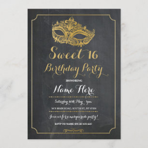 Invitation MASQUÉRADE 16 Fêtes Douce Chalk de masques d'or