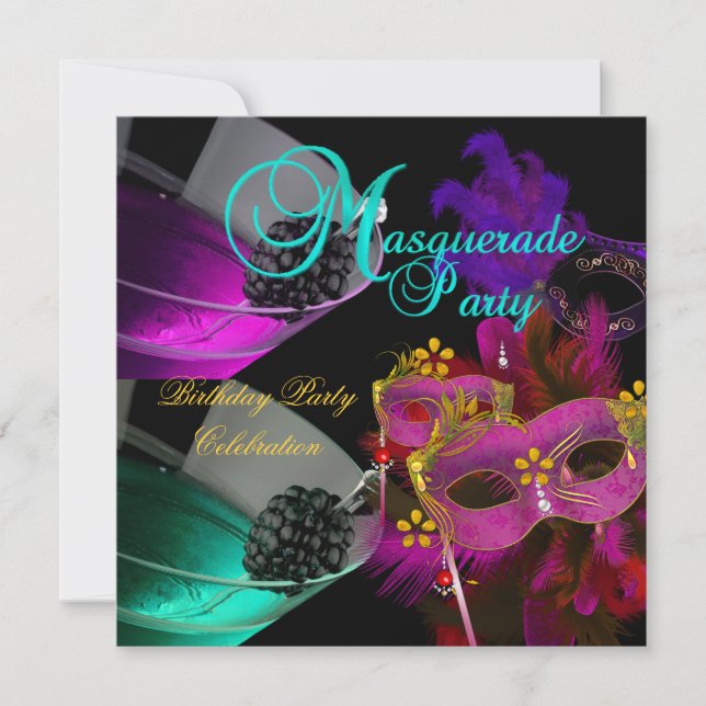Invitation Masquerade Anniversaire Fête Masques Turquoise Ros (Devant)
