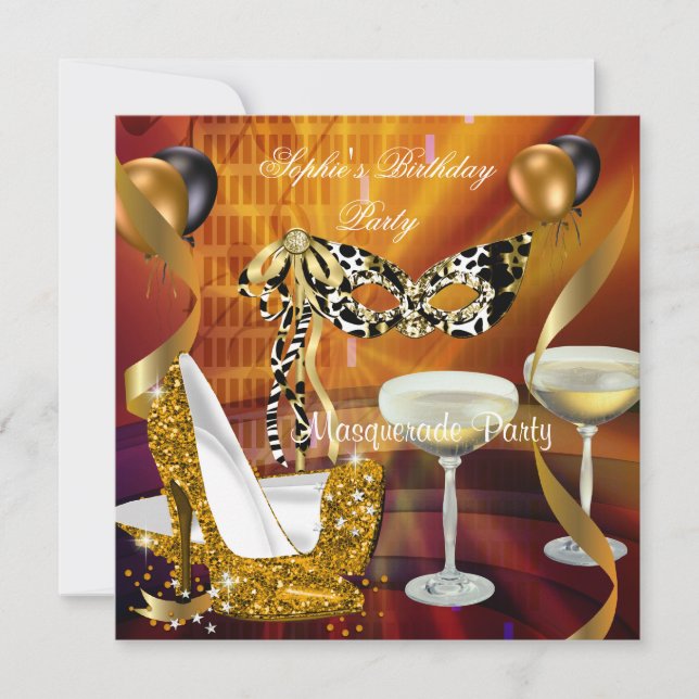 Invitation Masquerade Anniversaire Gold Stiletto Champagne Pa (Devant)