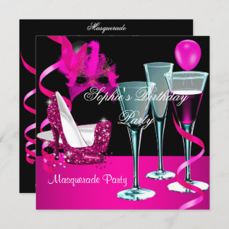 Invitation Masquerade Anniversaire Soirée Vin Rose Stiletto