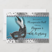 Invitation Masquerade Ball Argent et Blue Party