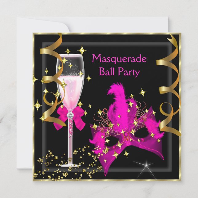 Invitation Masquerade Ball Hot-Pink Black Gold Fête (Devant)
