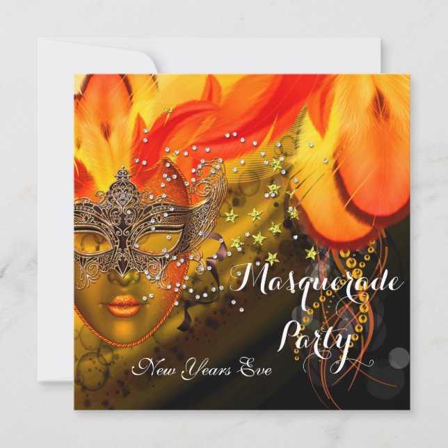Invitation Masquerade Ball Party Gold Orange Masques Jaune (Devant)