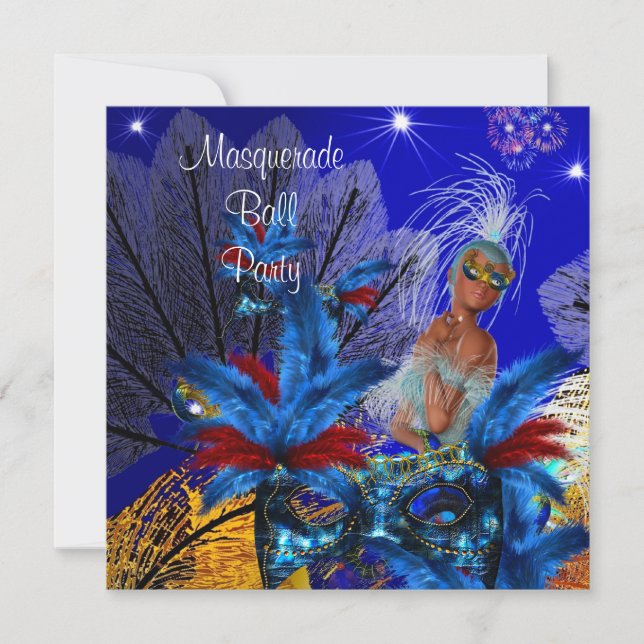 Invitation Masquerade Ball Party Masque bleu Jaune ShowGirl (Devant)