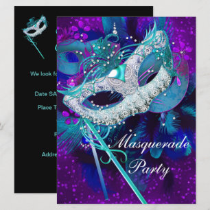 Invitation Masquerade Ball Party Turquoise Bleu pourpre Masqu