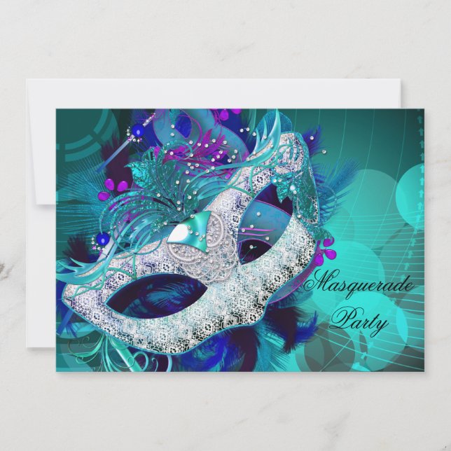 Invitation Masquerade Ball Party Turquoise Bleu Purple Masque (Devant)