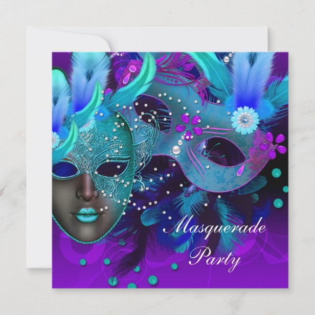 Invitation Masquerade Ball Party Turquoise Bleu Purple Masque (Devant)