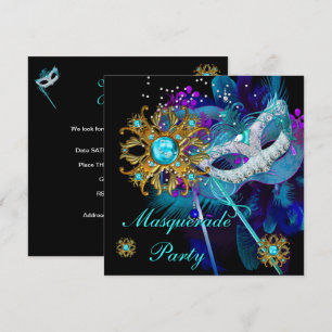 Invitation Masquerade Ball Party Turquoise Blue Black Masques