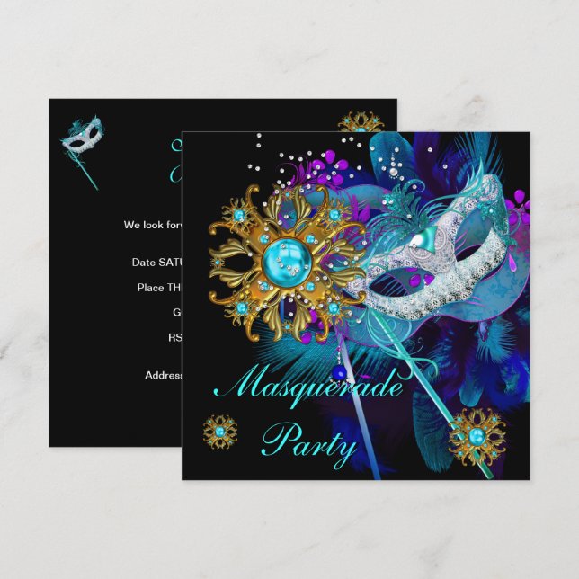 Invitation Masquerade Ball Party Turquoise Blue Black Masques (Devant / Derrière)
