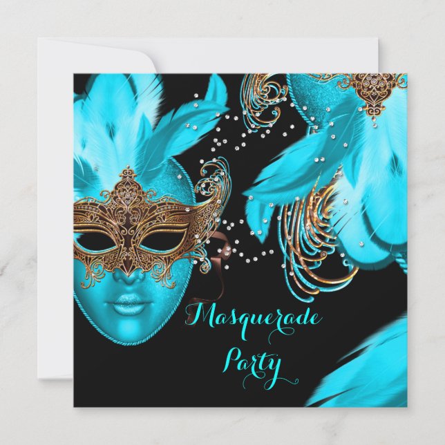 Invitation Masquerade Ball Party Turquoise Blue Masques (Devant)