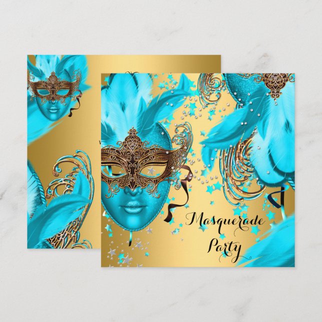 Invitation Masquerade Ball Party Turquoise Blue Masques Or 3 (Devant / Derrière)