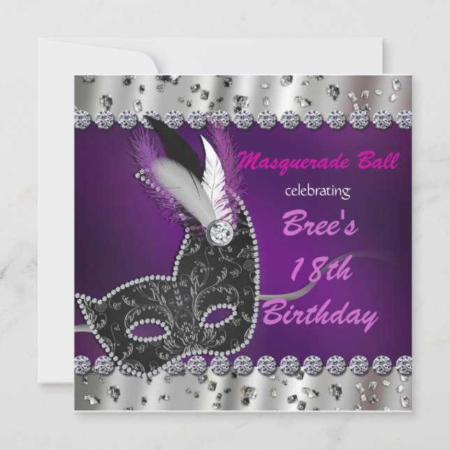 Invitation Masquerade Ball Purple Silver Party (Devant)