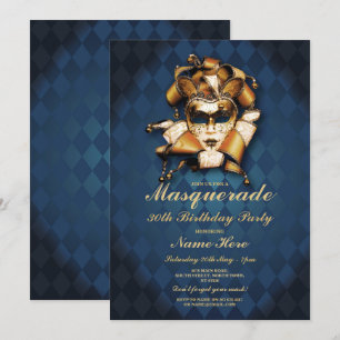 Invitation Masquerade Birthday Party Blue Gold Mas