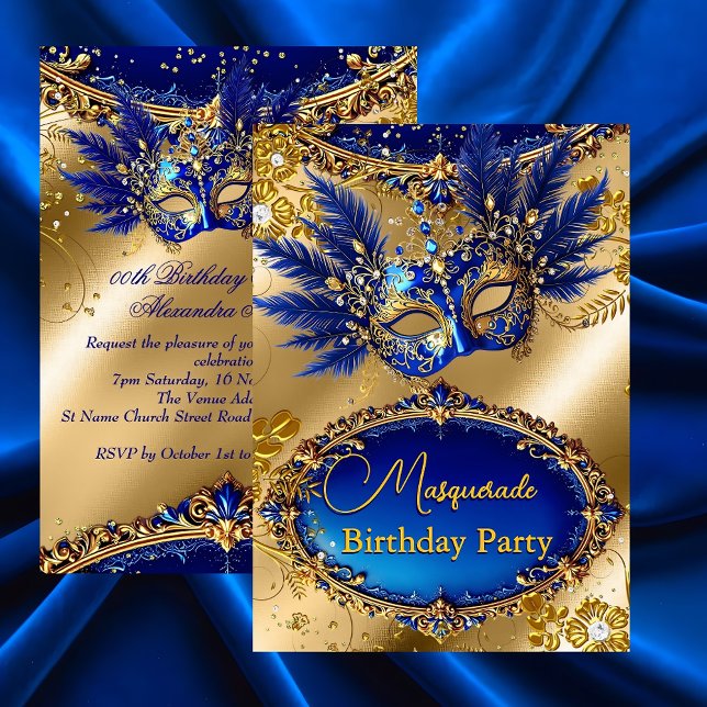 Invitation Masquerade birthday Party Gold Blue Mask Feathers (Créateur téléchargé)