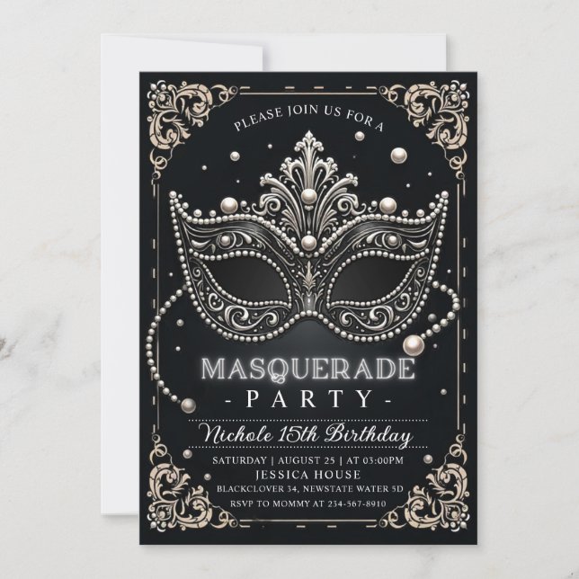 Invitation Masquerade Black White Anniversaire (Devant)