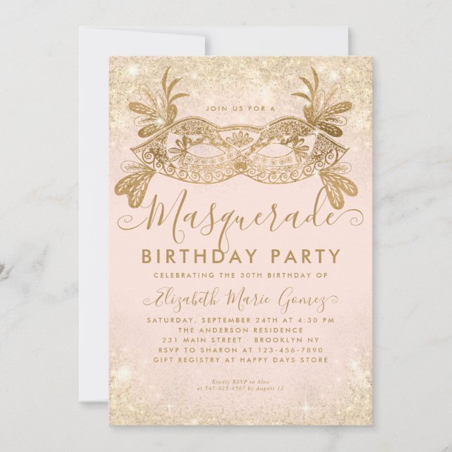 Invitation Masquerade Blush Rose Gold Parties scintillant fêt (Devant)