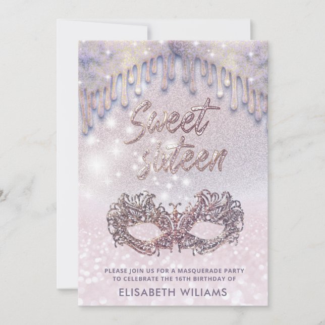 Invitation Masquerade chic gouttes scintillant glittery ombre (Devant)