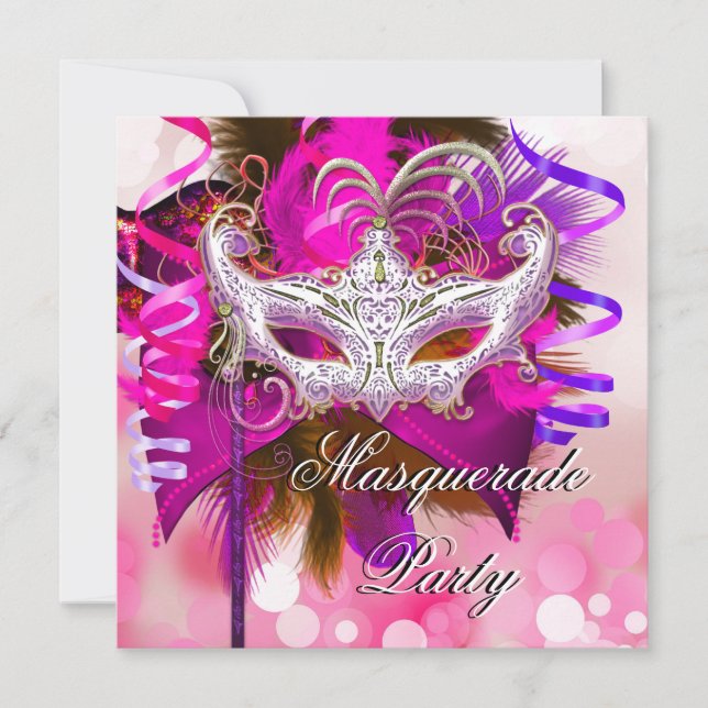 Invitation Masquerade de fête Masque noir violet rose Mardi G (Devant)