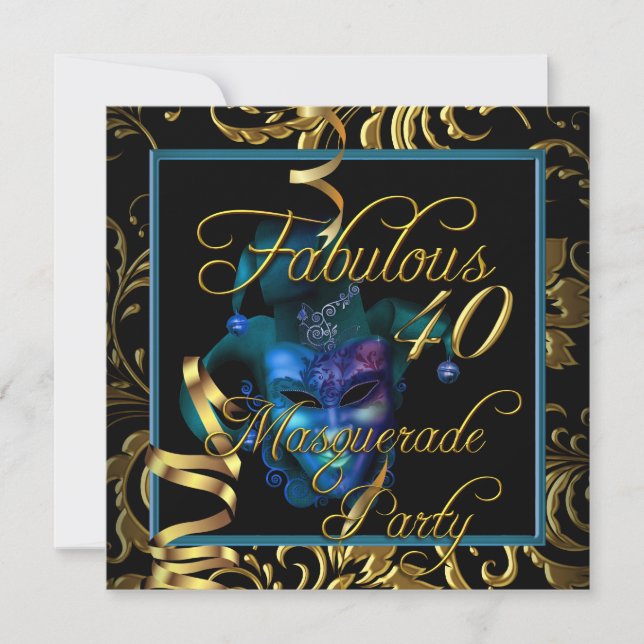 Invitation Masquerade Fabuleux 40 Gold Blue fête d'anniversai (Devant)