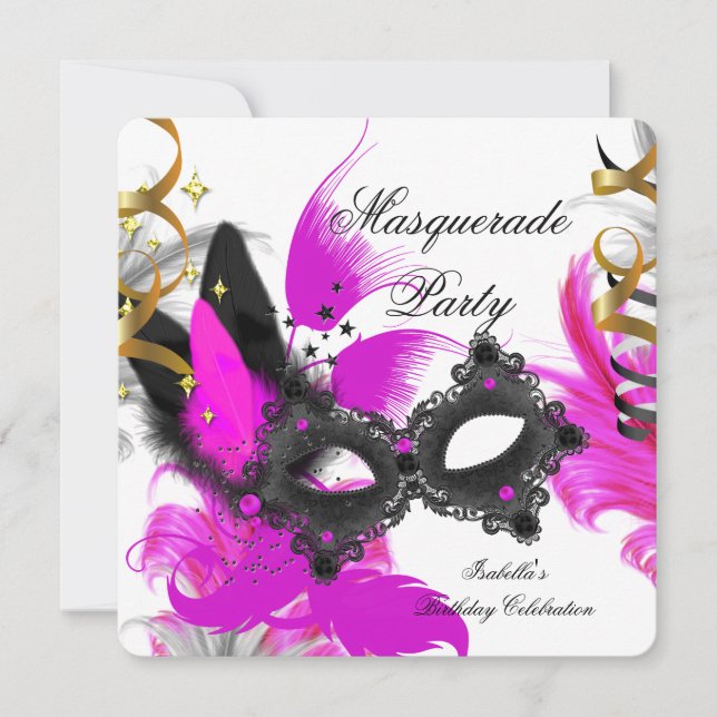 Invitation Masquerade fête Anniversaire rose Masque noir blan (Devant)