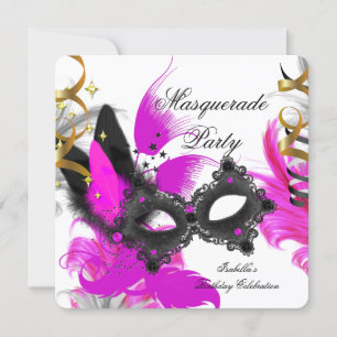 Invitation Masquerade fête Anniversaire rose Masque noir blan