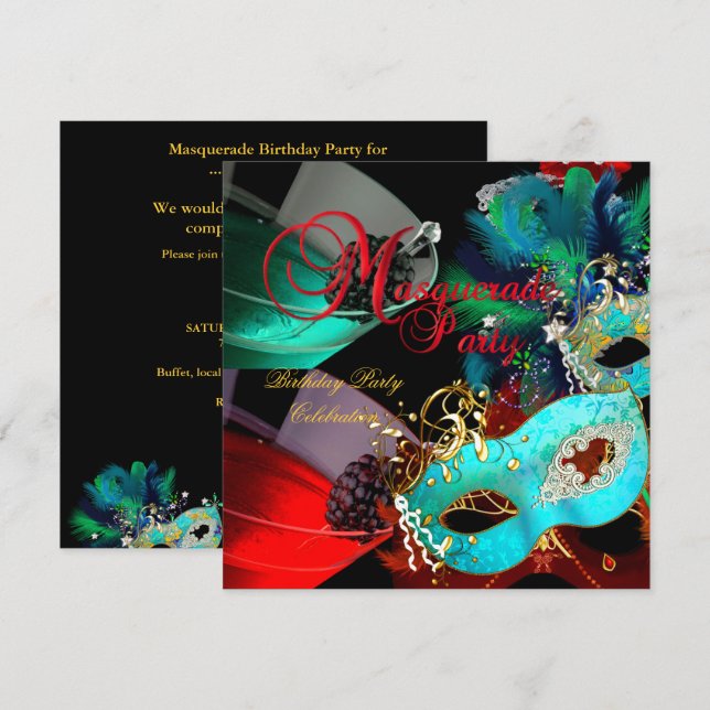 Invitation Masquerade fête d'anniversaire Rouge Turquoise Or  (Devant / Derrière)