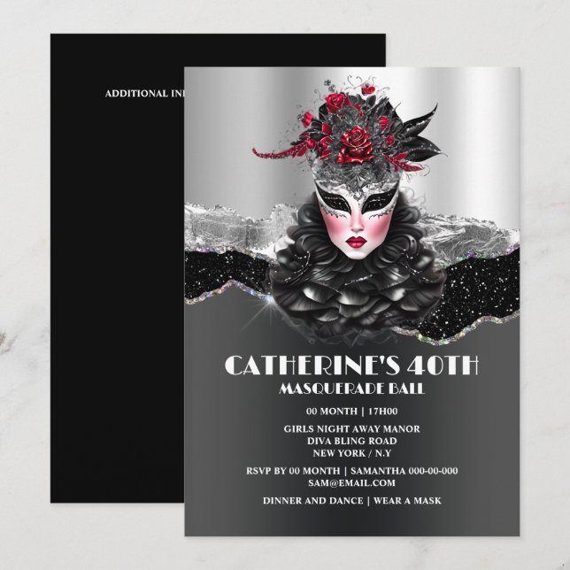 Invitation Masquerade filles bal anniversaire élégant masques (Devant / Derrière)