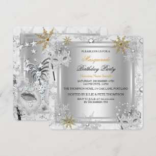 Invitation Masquerade Flocons de Neige Dorés Masques Argentés