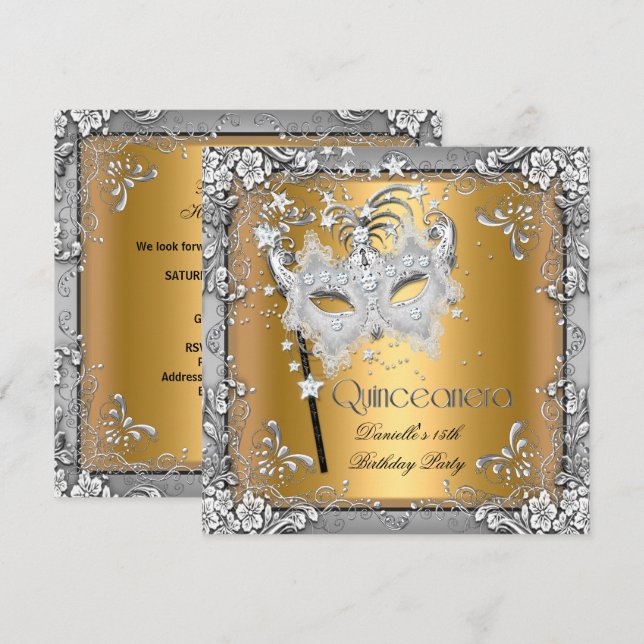 Invitation Masquerade Gold Silver Quinceanera 15ème parti (Devant / Derrière)