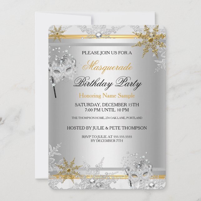 Invitation Masquerade Gold Snowflakes Silver Mask Party 2 (Devant)