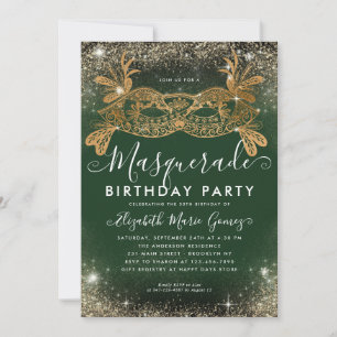 Invitation Masquerade Green Gold Parties scintillant Poussièr