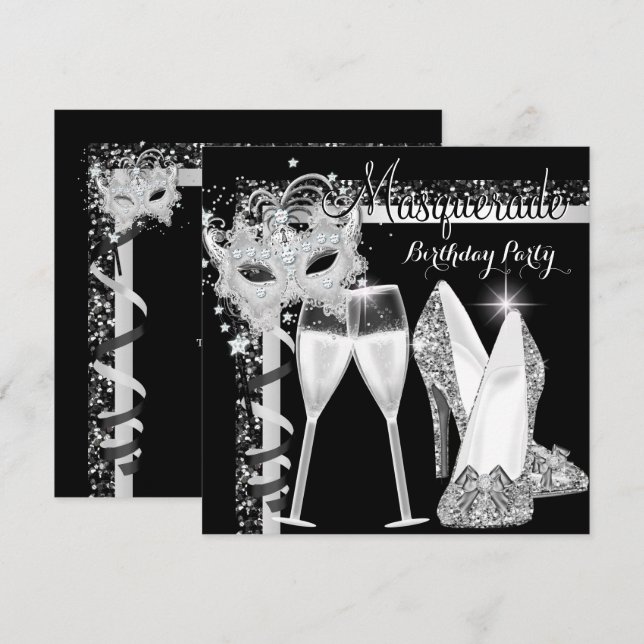 Invitation Masquerade Hi Heures Silver Black Champagne Party  (Devant / Derrière)