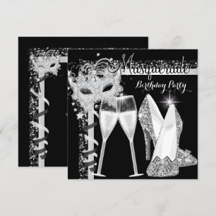Invitation Masquerade Hi Heures Silver Black Champagne Party 