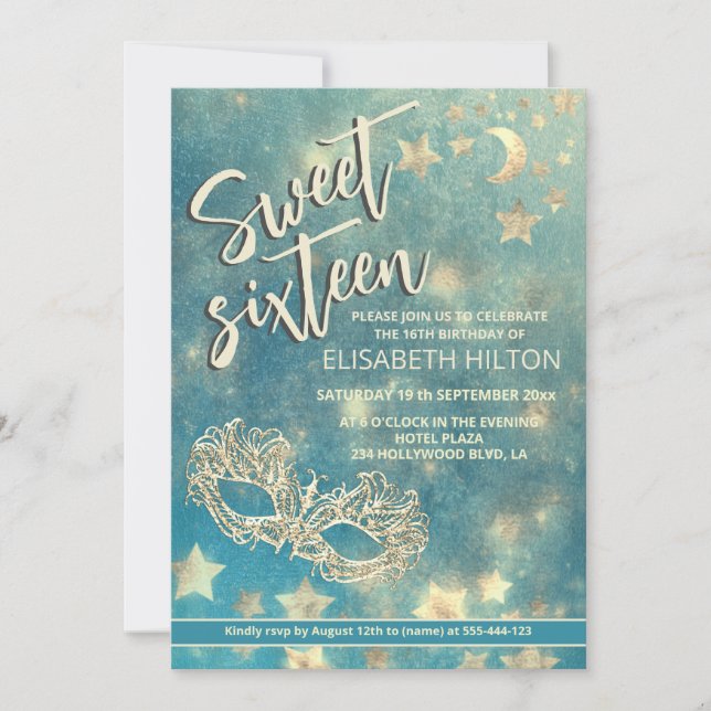 Invitation Masquerade lune & étoiles calligraphie sweet sixte (Devant)
