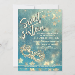 Invitation Masquerade lune & étoiles calligraphie sweet sixte
